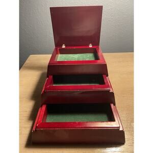 Red Lacquer Wood Jewelry Box 3 Drawers Felt Lined Small Valet 6.5”